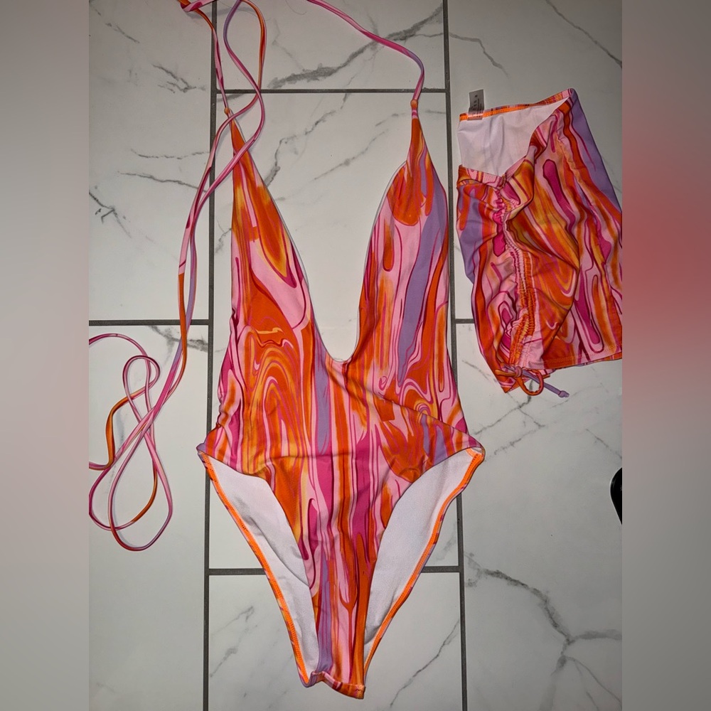 shein pink and orange one piece bathing suit swimsuit with skirt